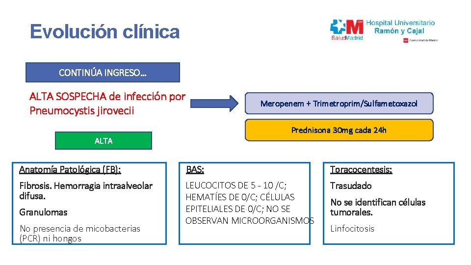 Evolución clínica CONTINÚA INGRESO… ALTA SOSPECHA de infección por Pneumocystis jirovecii Meropenem + Trimetroprim/Sulfametoxazol