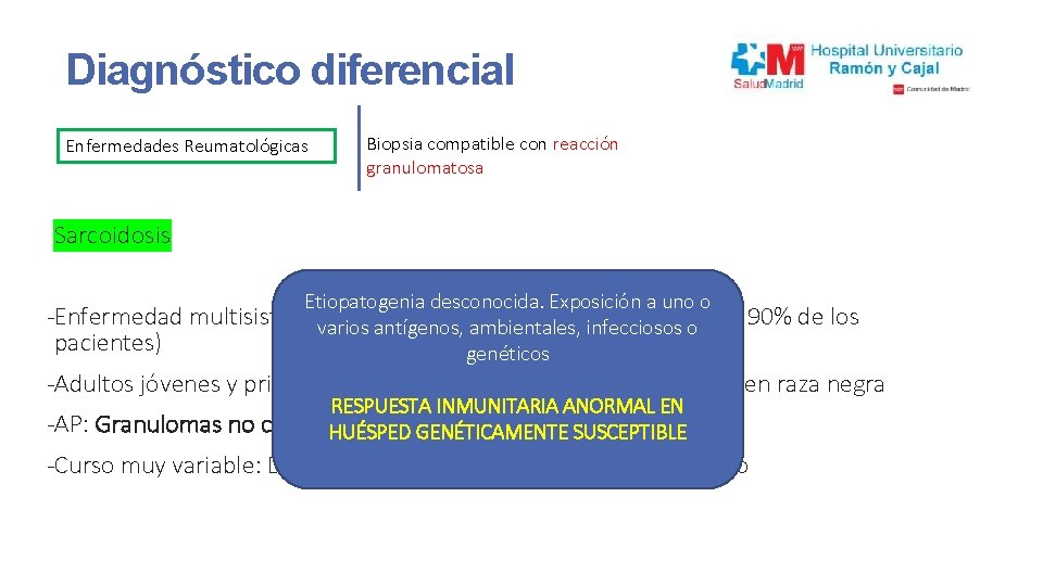 Diagnóstico diferencial Enfermedades Reumatológicas Biopsia compatible con reacción granulomatosa Sarcoidosis Etiopatogenia desconocida. Exposición a