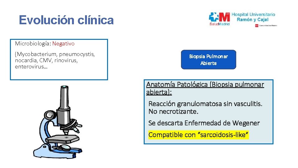 Evolución clínica Microbiología: Negativo (Mycobacterium, pneumocystis, nocardia, CMV, rinovirus, enterovirus… Biopsia Pulmonar Abierta Anatomía