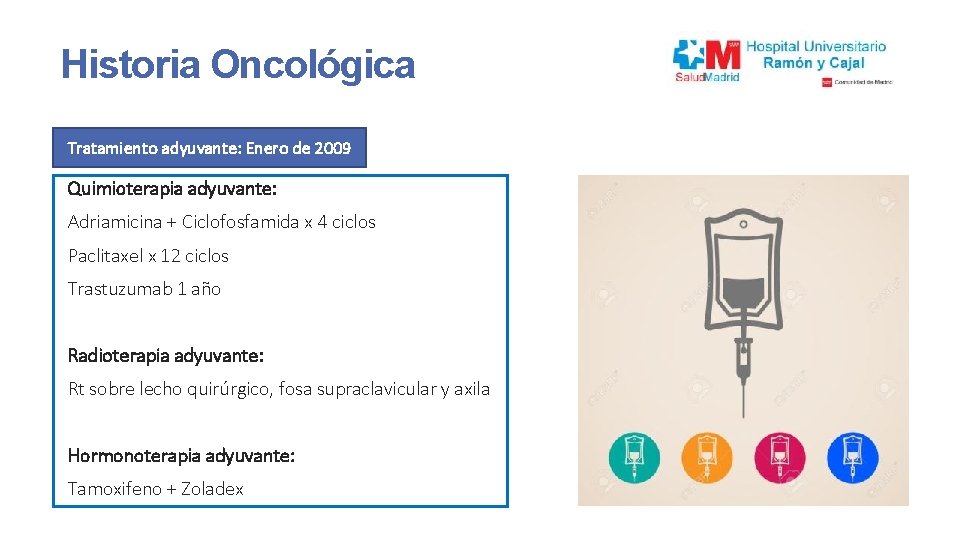 Historia Oncológica Tratamiento adyuvante: Enero de 2009 Quimioterapia adyuvante: Adriamicina + Ciclofosfamida x 4