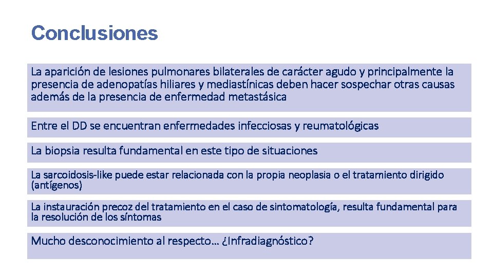 Conclusiones La aparición de lesiones pulmonares bilaterales de carácter agudo y principalmente la presencia