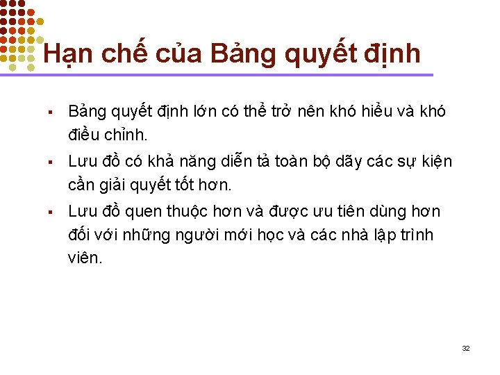 Hạn chế của Bảng quyết định § Bảng quyết định lớn có thể trở