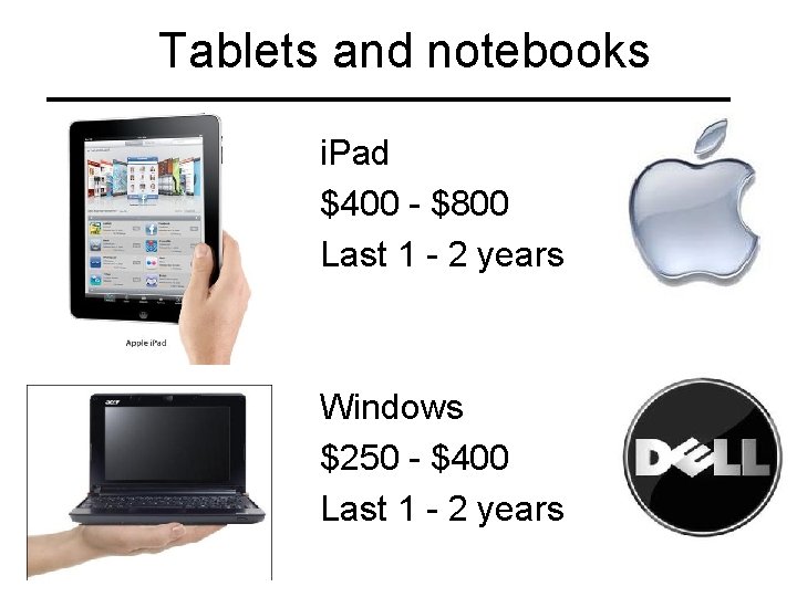 Tablets and notebooks i. Pad $400 - $800 Last 1 - 2 years Windows