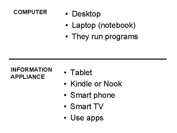COMPUTER INFORMATION APPLIANCE • Desktop • Laptop (notebook) • They run programs • •
