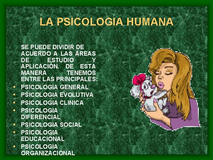 LA PSICOLOGIA HUMANA • • SE PUEDE DIVIDIR DE ACUERDO A LAS AREAS DE