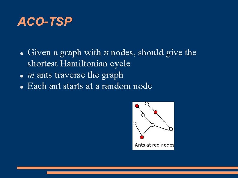 ACO-TSP Given a graph with n nodes, should give the shortest Hamiltonian cycle m