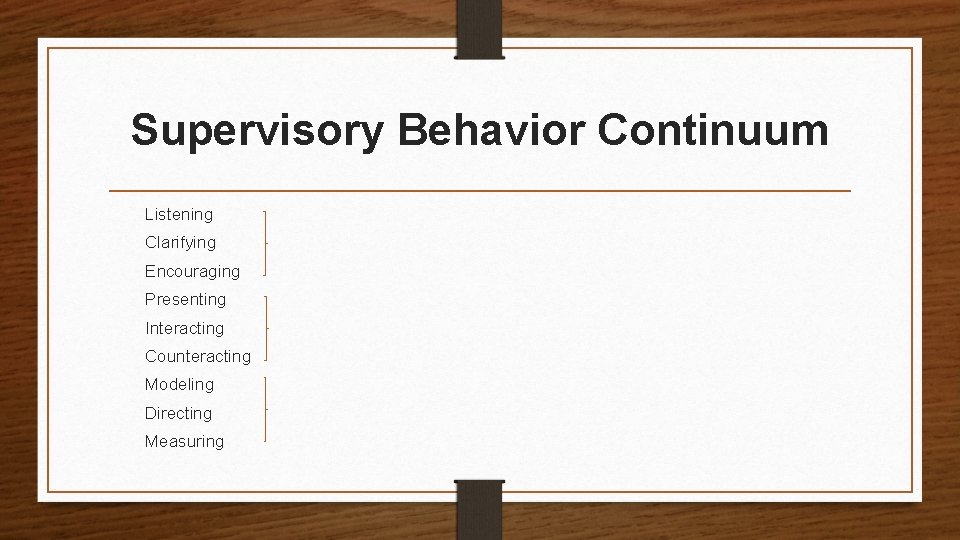 Supervisory Behavior Continuum Listening Clarifying Encouraging Presenting Interacting Counteracting Modeling Directing Measuring Supervisory Behavior Continuum Listening Clarifying Encouraging Presenting Interacting Counteracting Modeling Directing Measuring