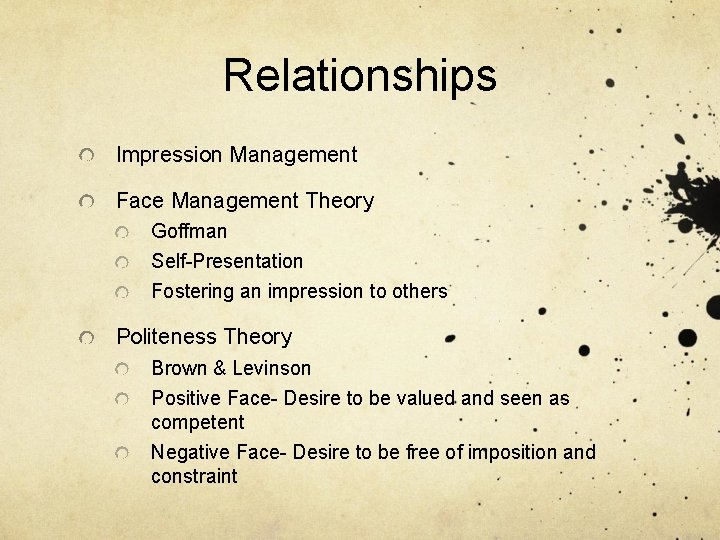 Relationships Impression Management Face Management Theory Goffman Self-Presentation Fostering an impression to others Politeness