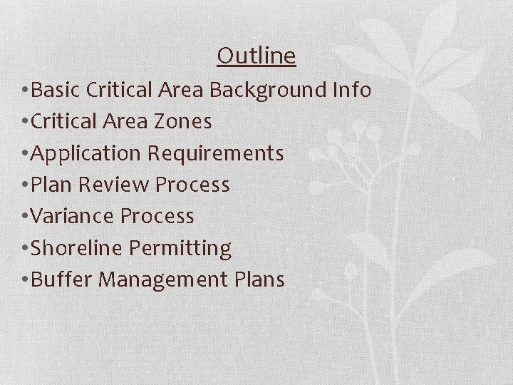 Outline • Basic Critical Area Background Info • Critical Area Zones • Application Requirements Outline • Basic Critical Area Background Info • Critical Area Zones • Application Requirements