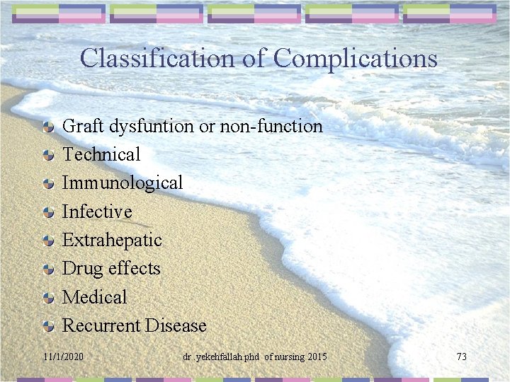 Classification of Complications Graft dysfuntion or non-function Technical Immunological Infective Extrahepatic Drug effects Medical