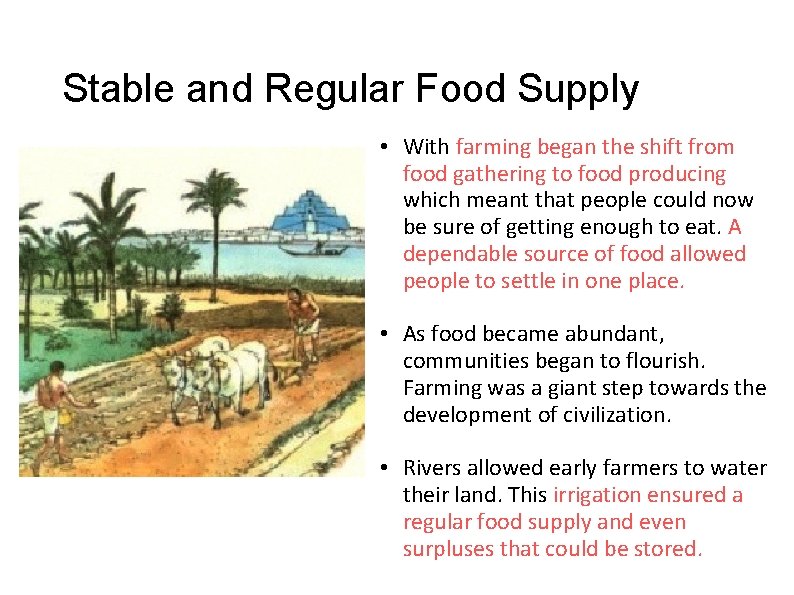 Stable and Regular Food Supply • With farming began the shift from food gathering