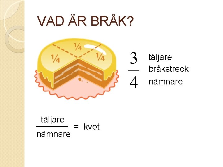 VAD ÄR BRÅK? täljare bråkstreck nämnare täljare nämnare = kvot 