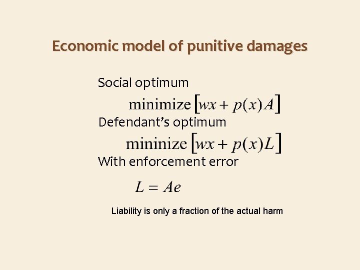 Economic model of punitive damages Social optimum Defendant’s optimum With enforcement error Liability is