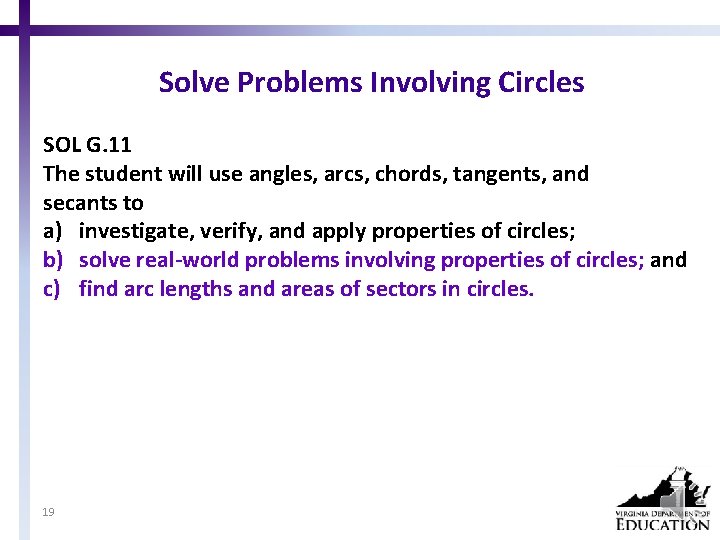 Solve Problems Involving Circles SOL G. 11 The student will use angles, arcs, chords,