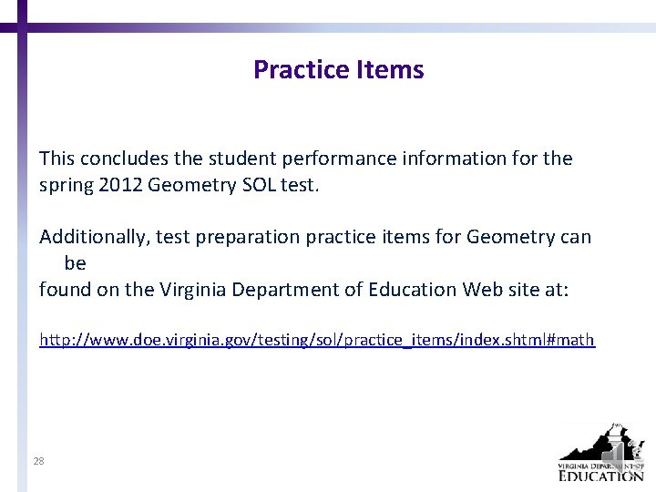 Practice Items This concludes the student performance information for the spring 2012 Geometry SOL