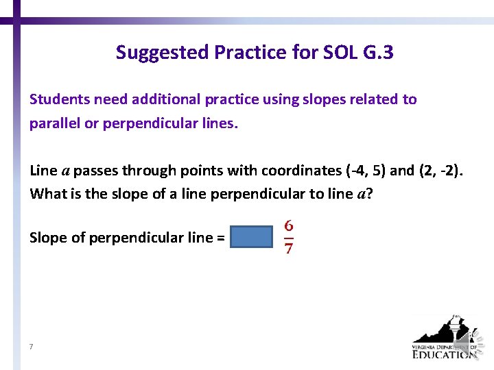 Suggested Practice for SOL G. 3 Students need additional practice using slopes related to
