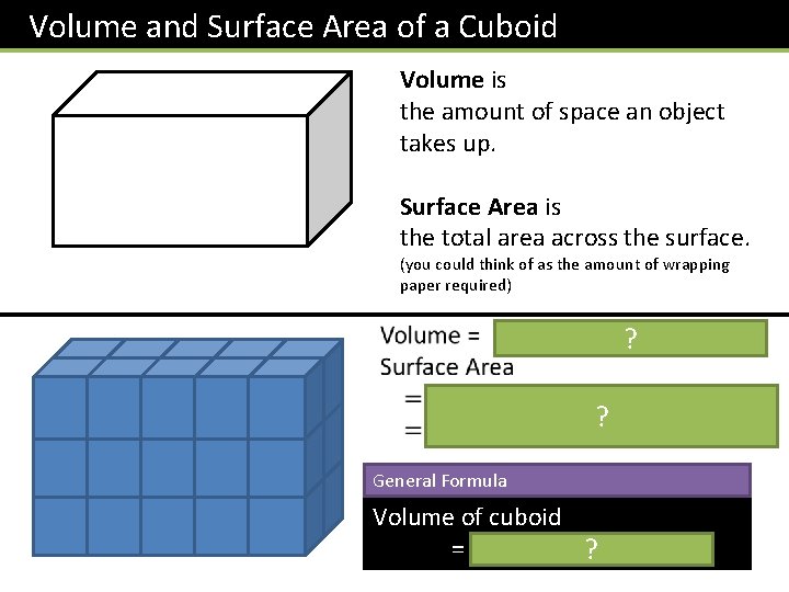 Volume and Surface Area of a Cuboid Volume is the amount of space an