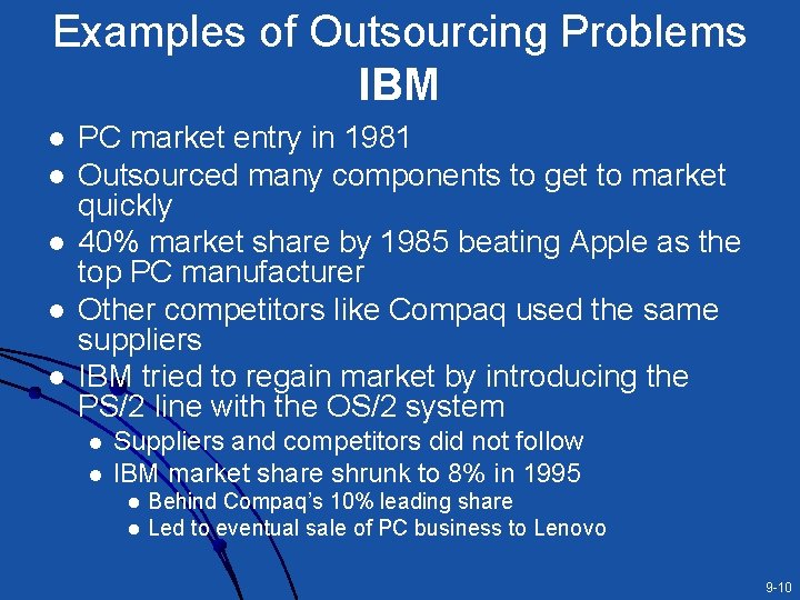 Examples of Outsourcing Problems IBM l l l PC market entry in 1981 Outsourced Examples of Outsourcing Problems IBM l l l PC market entry in 1981 Outsourced