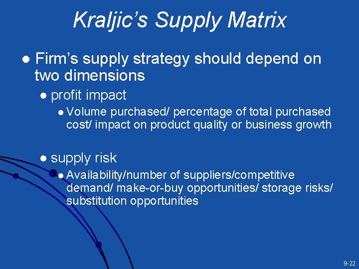 Kraljic’s Supply Matrix l Firm’s supply strategy should depend on two dimensions l profit Kraljic’s Supply Matrix l Firm’s supply strategy should depend on two dimensions l profit