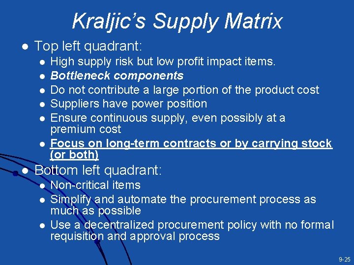 Kraljic’s Supply Matrix l Top left quadrant: l l l l High supply risk Kraljic’s Supply Matrix l Top left quadrant: l l l l High supply risk