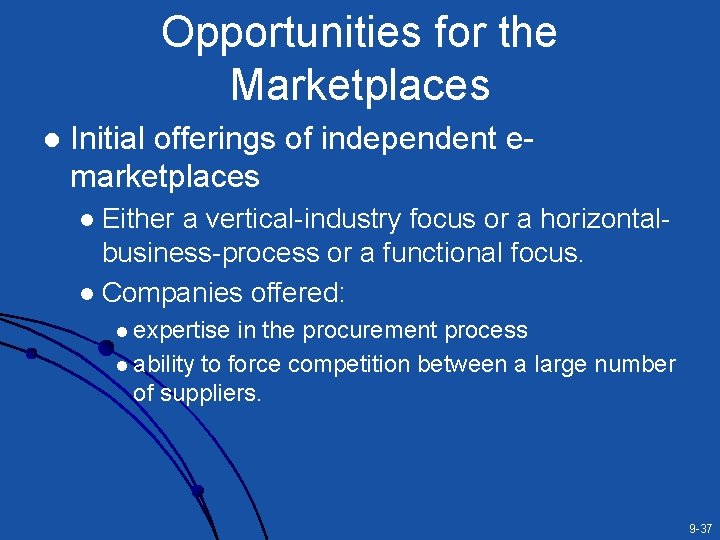 Opportunities for the Marketplaces l Initial offerings of independent emarketplaces Either a vertical-industry focus Opportunities for the Marketplaces l Initial offerings of independent emarketplaces Either a vertical-industry focus