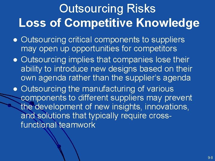 Outsourcing Risks Loss of Competitive Knowledge l l l Outsourcing critical components to suppliers Outsourcing Risks Loss of Competitive Knowledge l l l Outsourcing critical components to suppliers