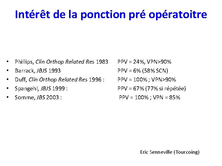 Intérêt de la ponction pré opératoitre • • • Phillips, Clin Orthop Related Res