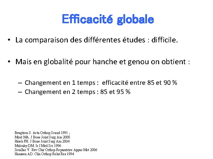 Efficacité globale • La comparaison des différentes études : difficile. • Mais en globalité