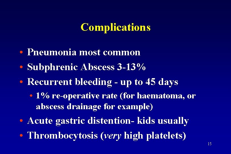 Complications • Pneumonia most common • Subphrenic Abscess 3 -13% • Recurrent bleeding -
