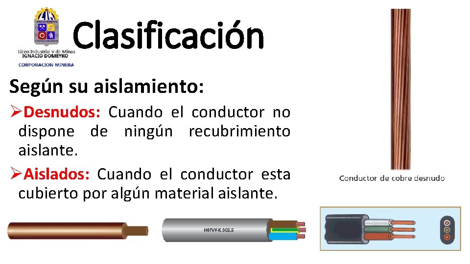 Clasificación Según su aislamiento: ØDesnudos: Cuando el conductor no dispone de ningún recubrimiento aislante.