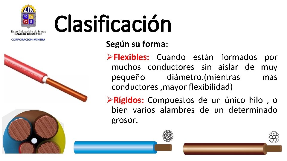 Clasificación Según su forma: ØFlexibles: Cuando están formados por muchos conductores sin aislar de