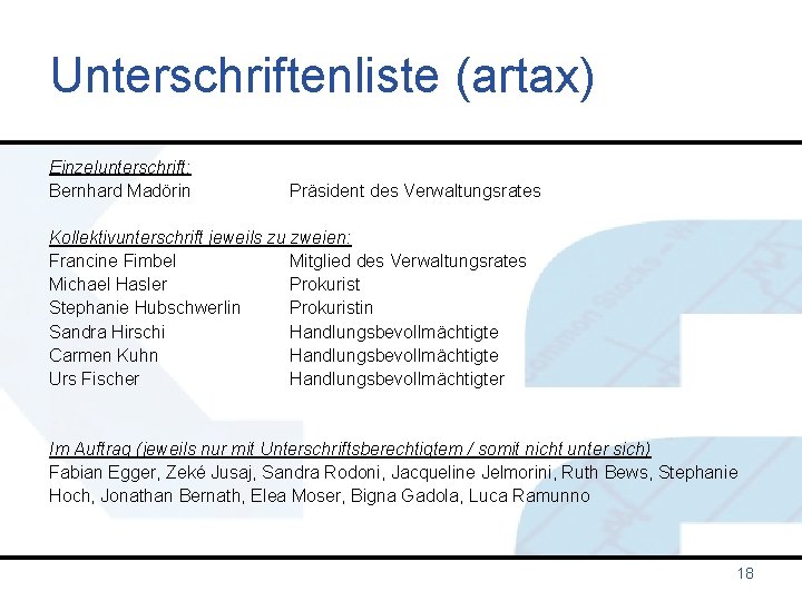 Unterschriftenliste (artax) Einzelunterschrift: Bernhard Madörin Präsident des Verwaltungsrates Kollektivunterschrift jeweils zu zweien: Francine Fimbel