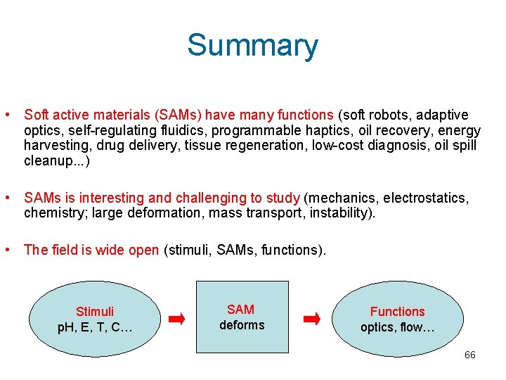 Summary • Soft active materials (SAMs) have many functions (soft robots, adaptive optics, self-regulating