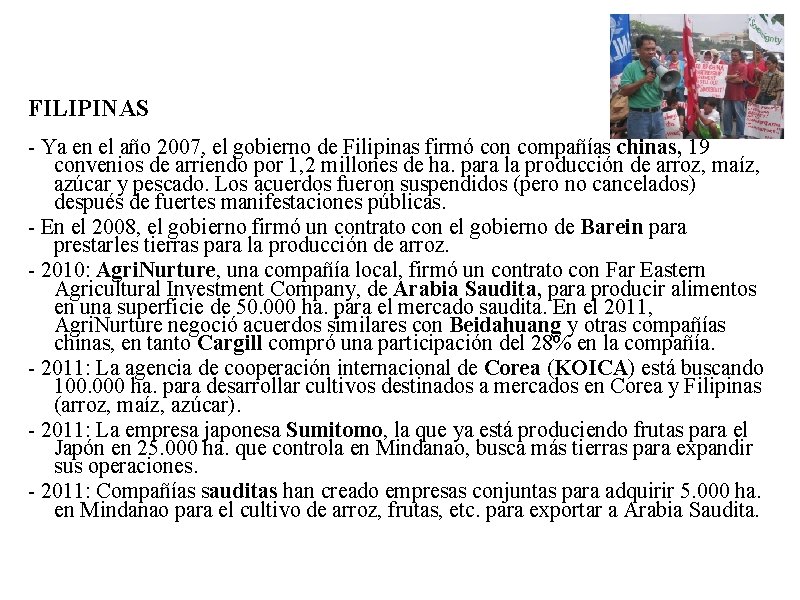 FILIPINAS - Ya en el año 2007, el gobierno de Filipinas firmó con compañías