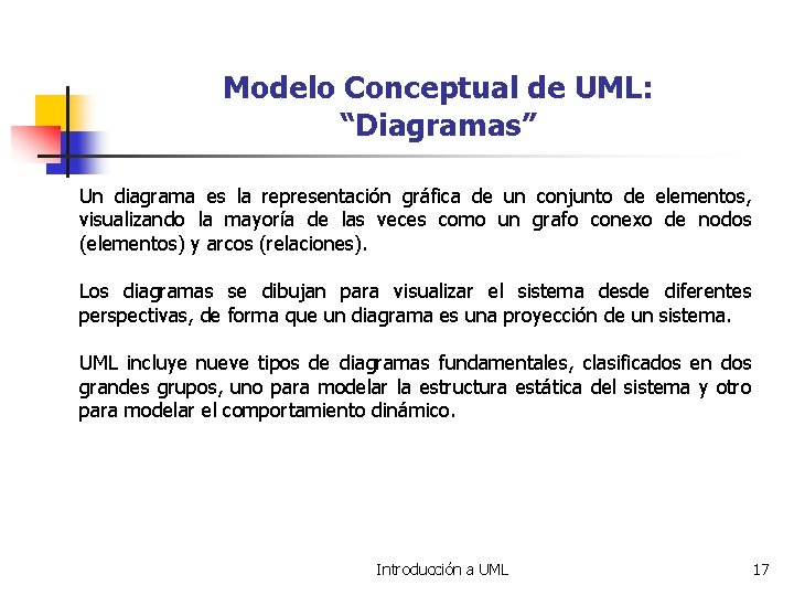 Modelo Conceptual de UML: “Diagramas” Un diagrama es la representación gráfica de un conjunto