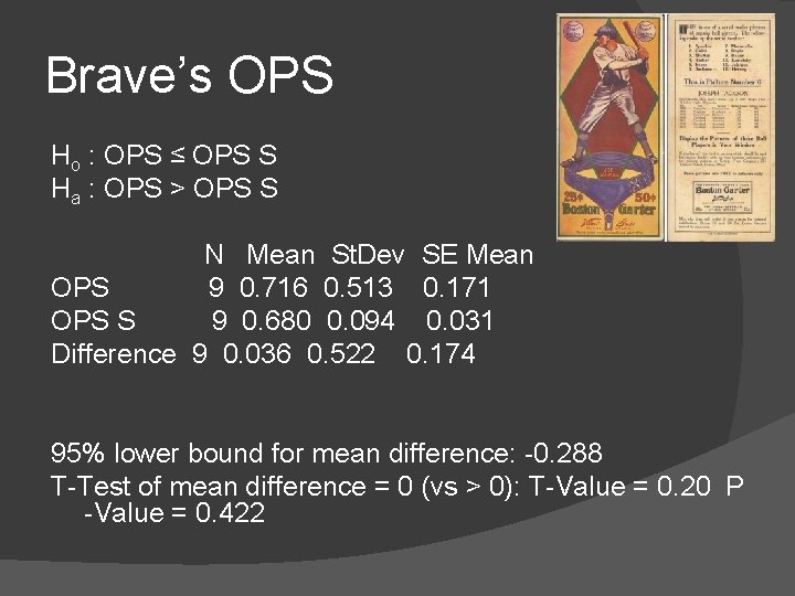 Brave’s OPS Ho : OPS ≤ OPS S Ha : OPS > OPS S