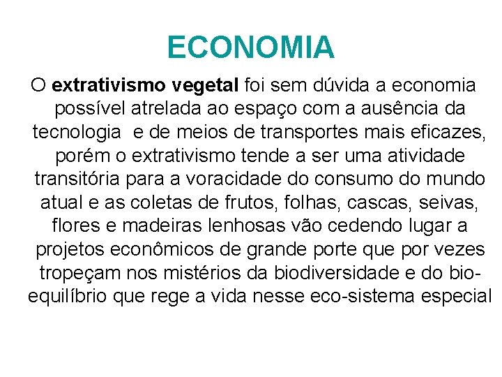ECONOMIA O extrativismo vegetal foi sem dúvida a economia possível atrelada ao espaço com