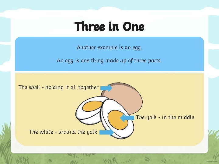 Three in One Another example is an egg. An egg is one thing made