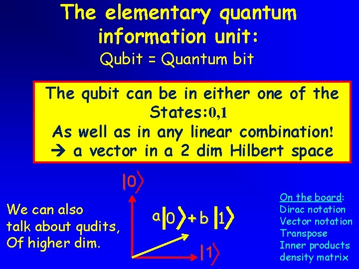 The elementary quantum information unit: Qubit = Quantum bit The qubit can be in