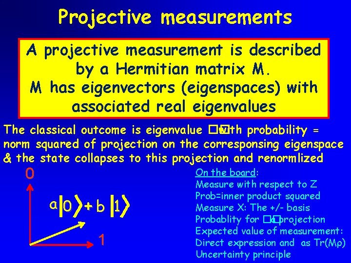 Projective measurements A projective measurement is described by a Hermitian matrix M. M has