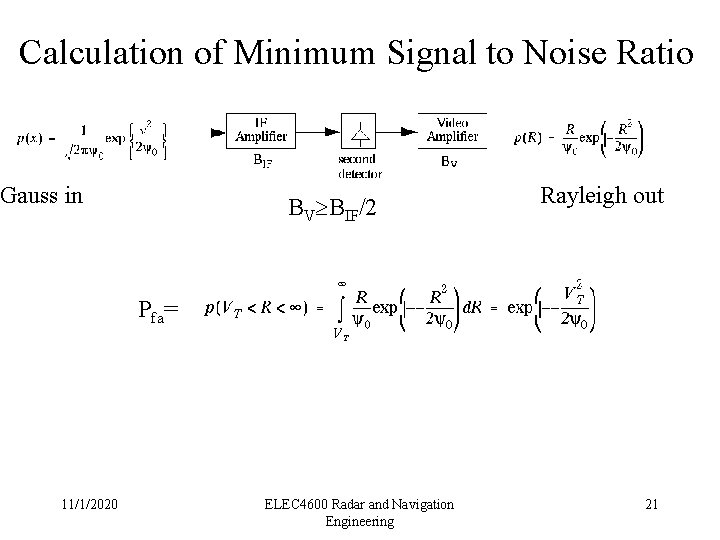 Calculation of Minimum Signal to Noise Ratio Gauss in BV BIF/2 Rayleigh out Pfa=