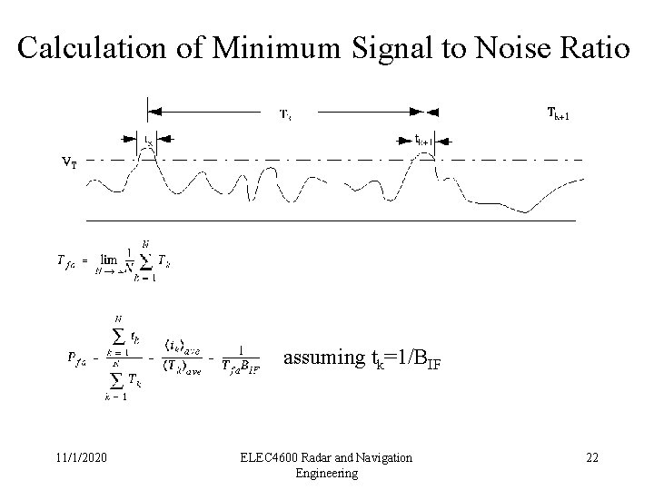 Calculation of Minimum Signal to Noise Ratio assuming tk=1/BIF 11/1/2020 ELEC 4600 Radar and