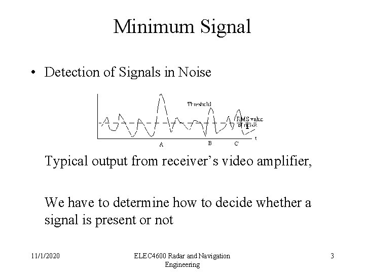 Minimum Signal • Detection of Signals in Noise Typical output from receiver’s video amplifier,