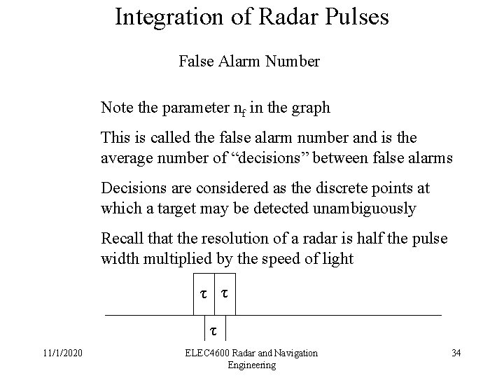 Integration of Radar Pulses False Alarm Number Note the parameter nf in the graph