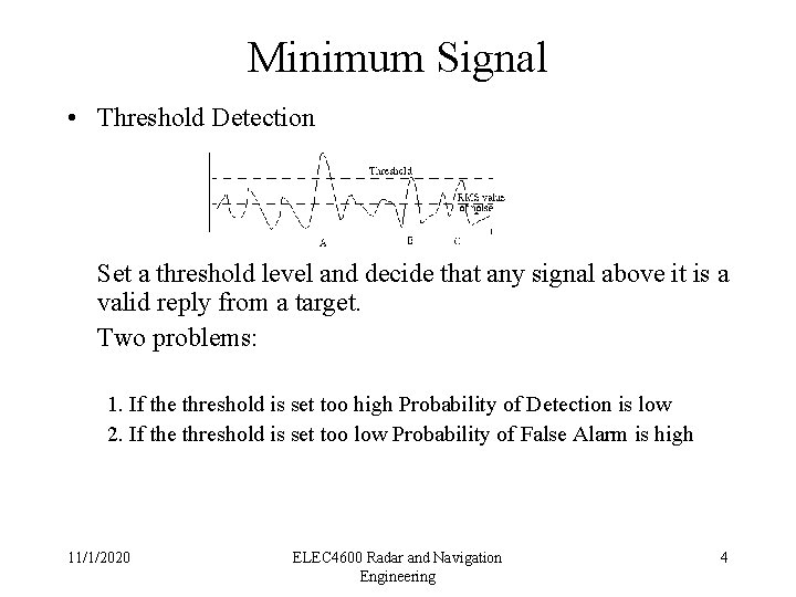 Minimum Signal • Threshold Detection Set a threshold level and decide that any signal