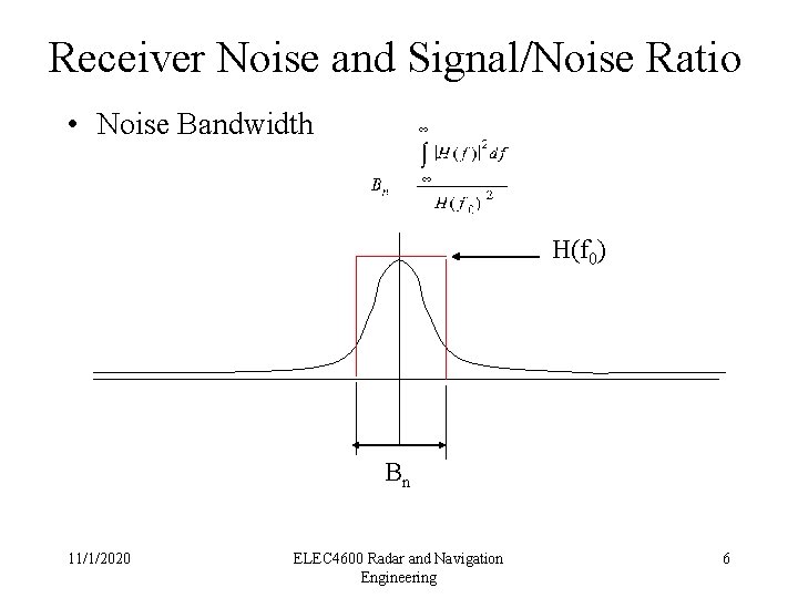 Receiver Noise and Signal/Noise Ratio • Noise Bandwidth H(f 0) Bn 11/1/2020 ELEC 4600