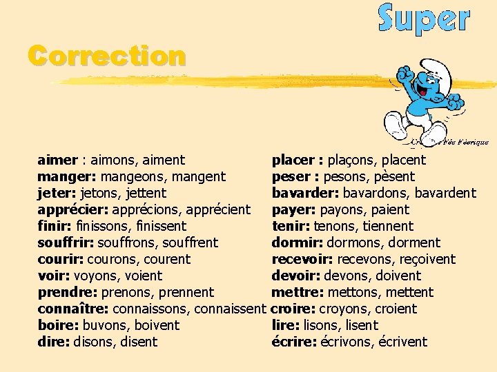 Correction aimer : aimons, aiment manger: mangeons, mangent jeter: jetons, jettent apprécier: apprécions, apprécient