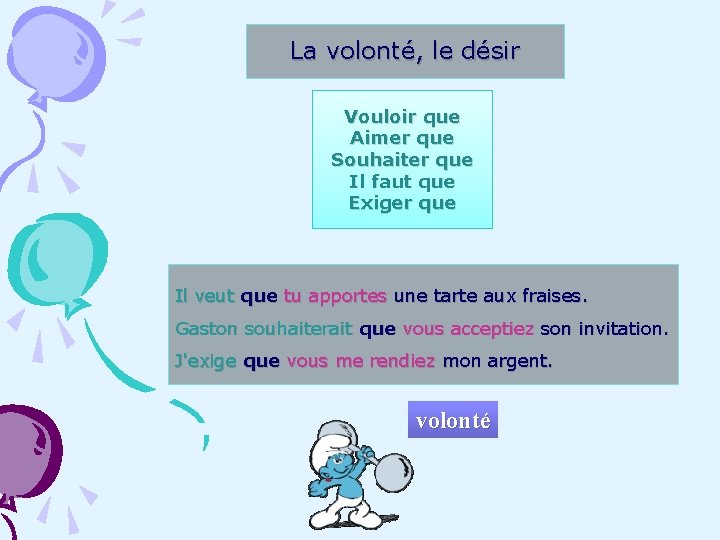 La volonté, le désir Vouloir que Aimer que Souhaiter que Il faut que Exiger