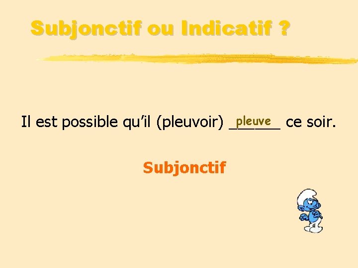 Subjonctif ou Indicatif ? pleuve ce soir. Il est possible qu’il (pleuvoir) ______ Subjonctif