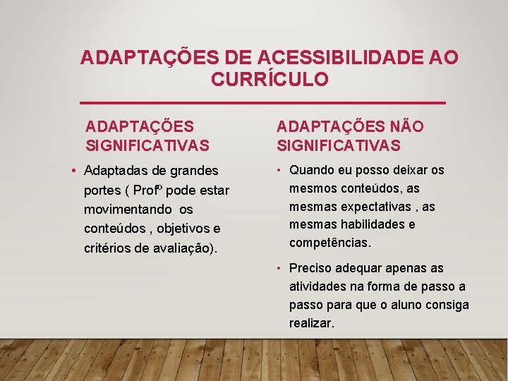 ADAPTAÇÕES DE ACESSIBILIDADE AO CURRÍCULO ADAPTAÇÕES SIGNIFICATIVAS • Adaptadas de grandes portes ( Profº